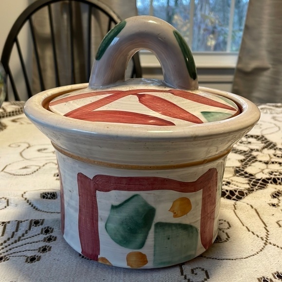 Signed ARTISAN HEAVY Terracotta Covered Dish With Lid Leaf Abstract Design 1980s
